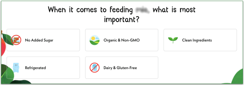 Screenshot of Once Upon a Farm's filtering quiz