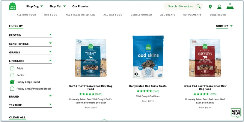 Screenshot of Open Farm’s menu sorted by Puppy Large Breed