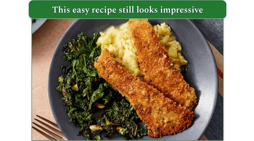 Blue Apron's Herb-crusted rockfish served with kale and mashed potato