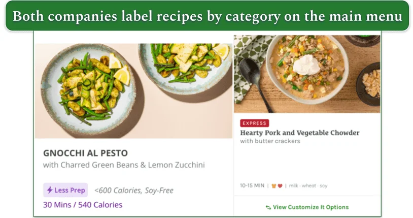 Home Chef's and Purple Carrot's easy prep menu labels