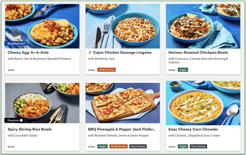 Screenshot of EveryPlate's menu, highlighting different tags.
