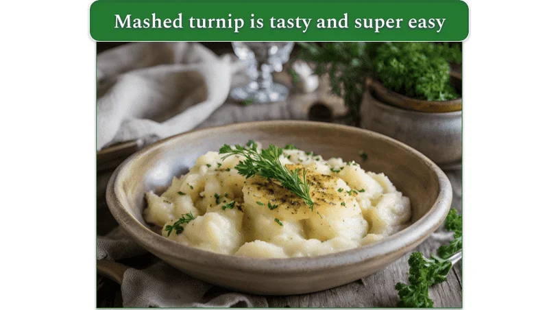 mashed turnip in a bowl on a table beside a bowl of herbs