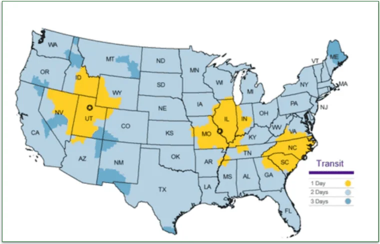 Clean Eatz delivery map and time-in-transit