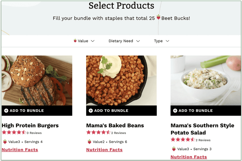 The à la carte meal selection page