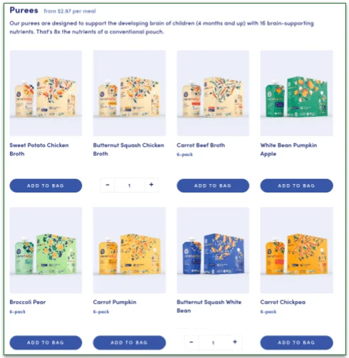 Screenshot of the Cerebelly menu, showing 8 puree recipes