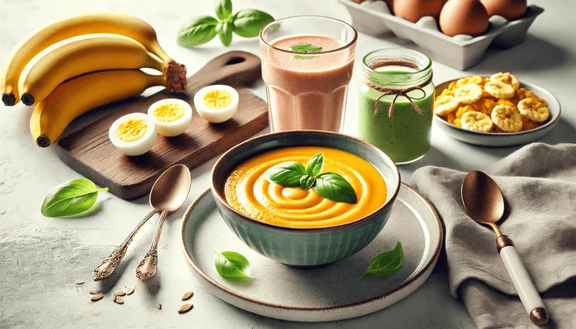 Featured image of a table filled with foods to eat after hernia surgery