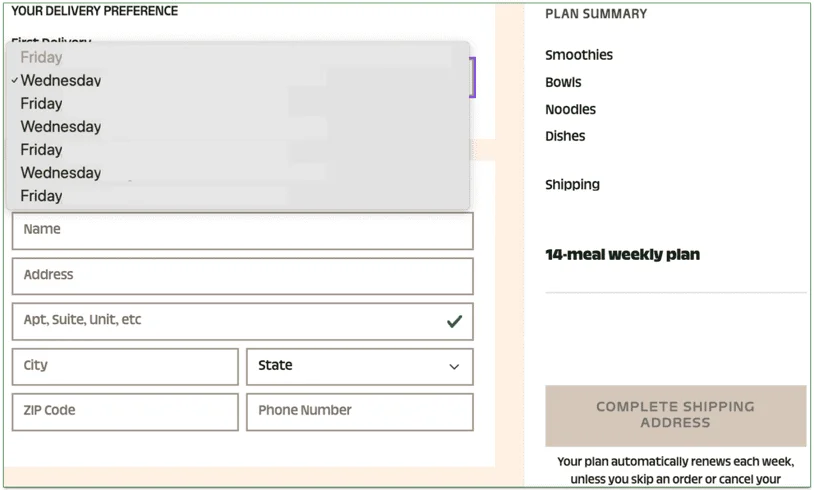 a screenshot of splendid spoon's delivery date selection tool