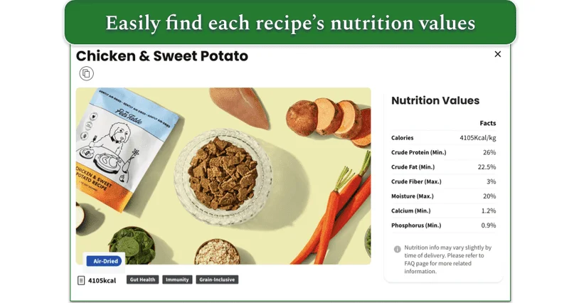 Screenshot of The Pets Table Chicken & Sweet Potato recipe with nutrition values box