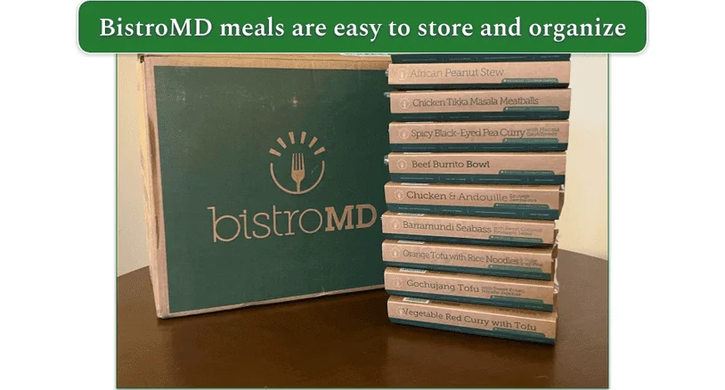 A stack of many BistroMD meals in their packaging