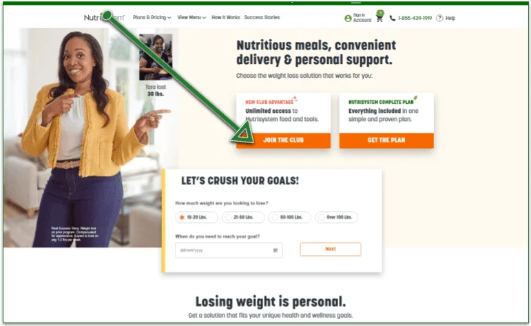 Screenshot of Nutrisystem's home page with an arrow highlighting the Join the Club for Advantage