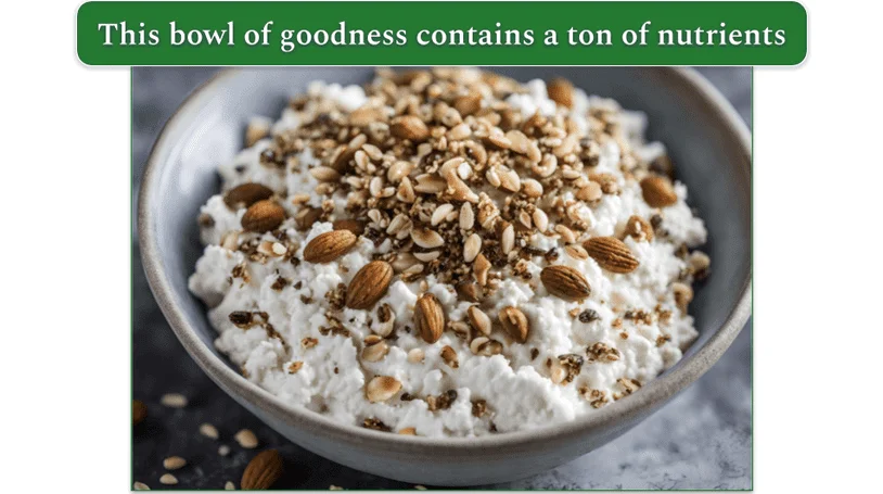 a bowl of cottage cheese topped with Crushed Almonds, Walnuts, Seeds, and Brown Sugar