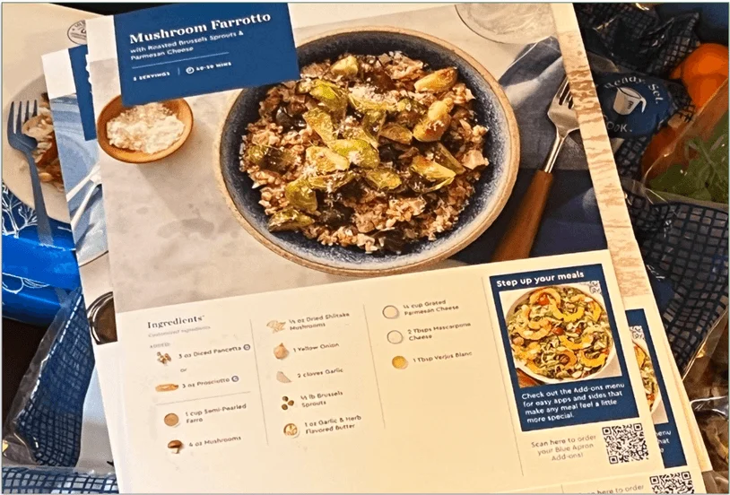 Photo of a Blue Apron recipe card with all the ingredients listed