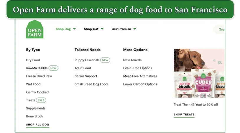 Screenshot of Open Farm’s dog food menu by type and needs