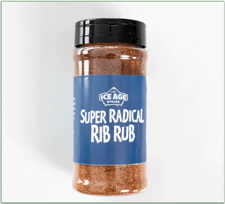 An 8-ounce jar of Ice Age Spices Super Radical Rib Rub